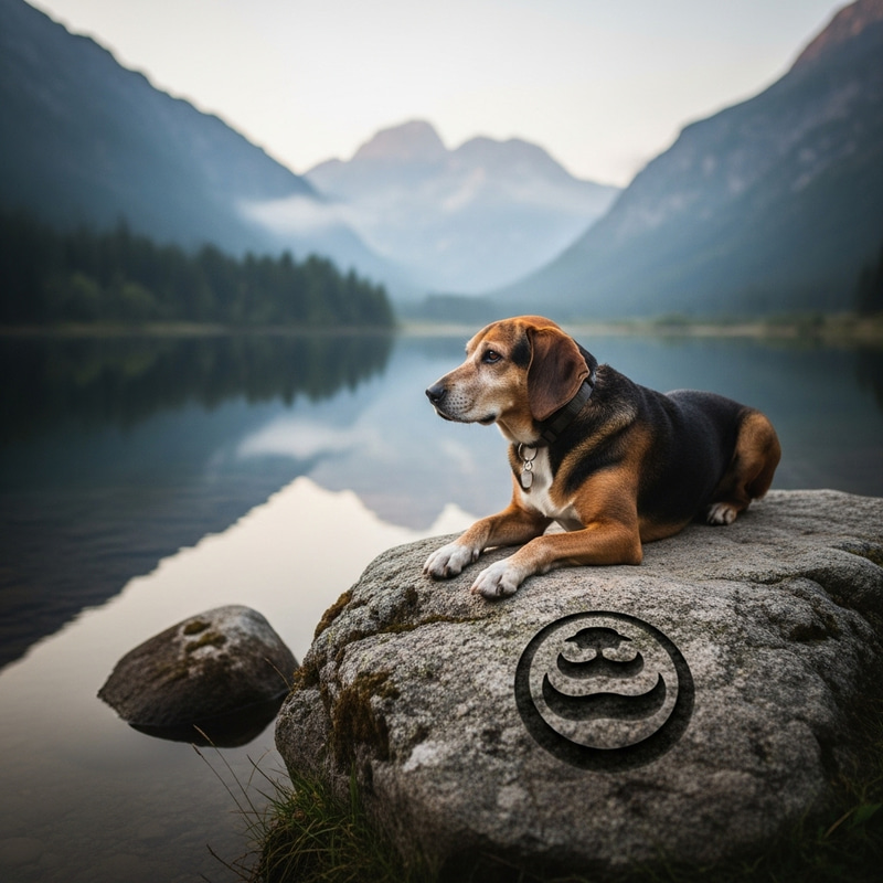 Tranquil Zen Hound Resting by Reflecting Lake at Dusk