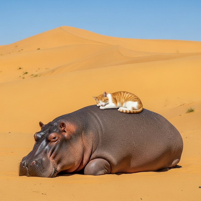Cat Sleeping on Hippo in Desert: A Surreal Scene