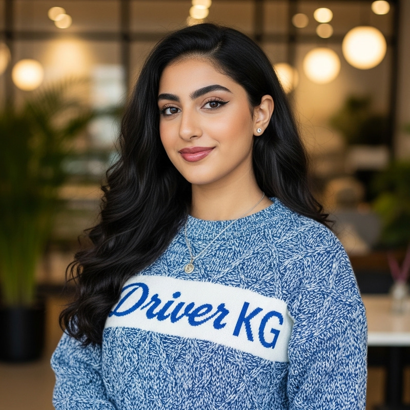 Middle-Eastern Girl in Blue White Driver KG Sweater Middle-Eastern Girl in Blue White Driver KG Sweater