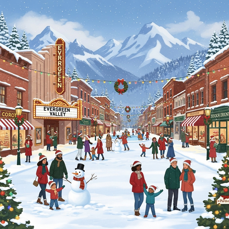 Festive Christmas Illustration of Evergreen Valley Festive Christmas Illustration of Evergreen Valley