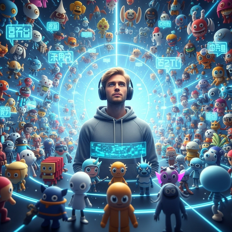 Diverse Computer Characters Surround Blond Man in Wireless Headphones