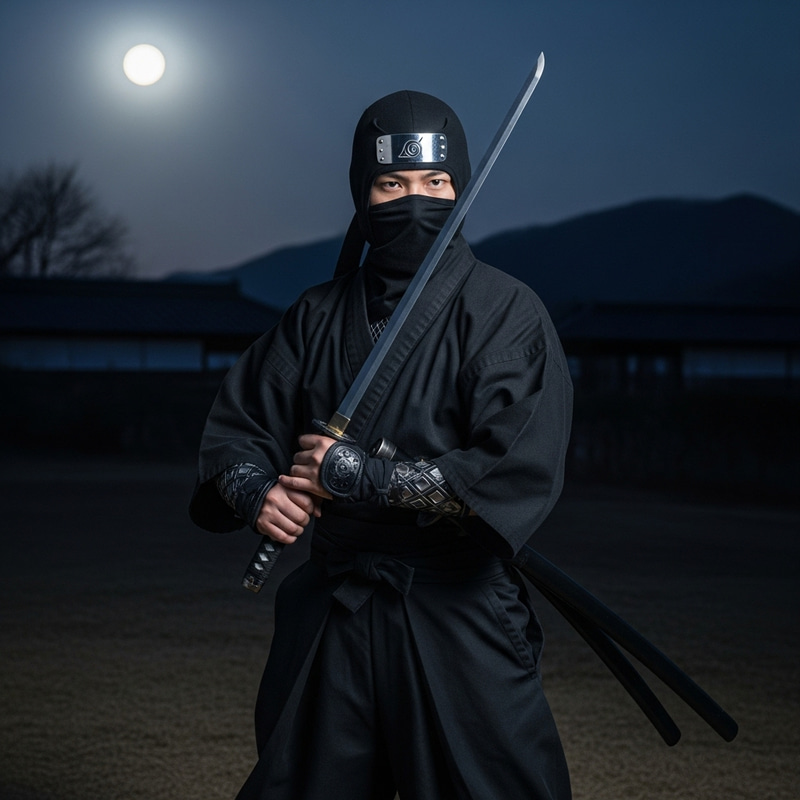 Enigmatic Asian Male Ninja under Moonlight: Stealth and Grace Enigmatic Asian Male Ninja under Moonlight: Stealth and Grace