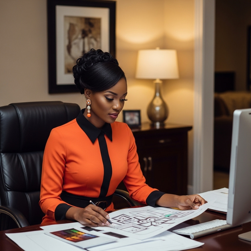 Sophisticated Black Woman in Chic Orange & Black | Modern Luxury Office Setting Sophisticated Black Woman in Chic Orange & Black | Modern Luxury Office Setting