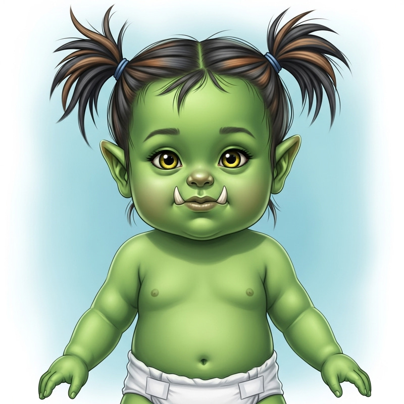 Semi-Realistic Toddler Orc Girl with Green Skin and Pigtails Semi-Realistic Toddler Orc Girl with Green Skin and Pigtails