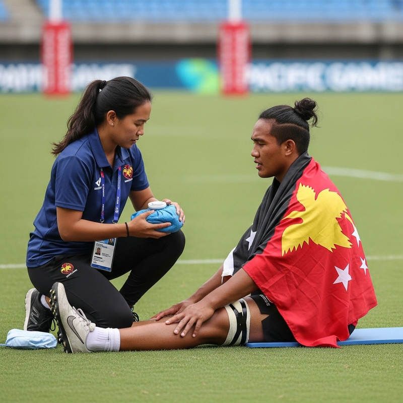 Papua New Guinea Physiotherapist Caring for Athlete at Pacific Games Papua New Guinea Physiotherapist Caring for Athlete at Pacific Games