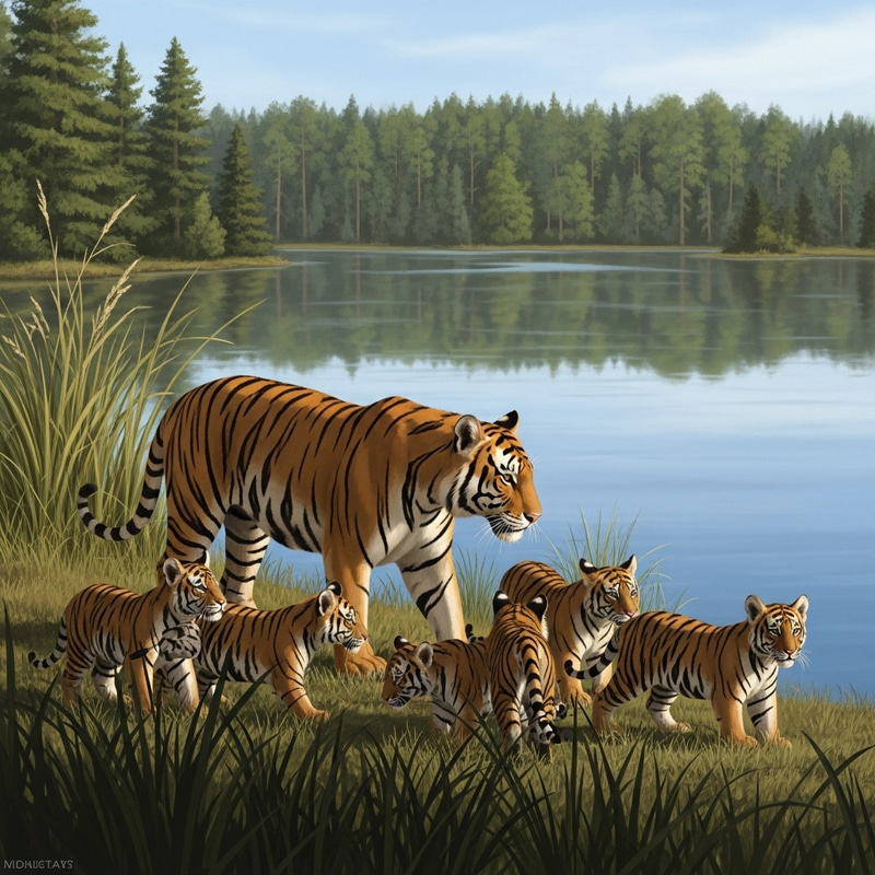 Majestic Tiger by Lake with Playful Cubs - Wildlife Photography Majestic Tiger by Lake with Playful Cubs - Wildlife Photography