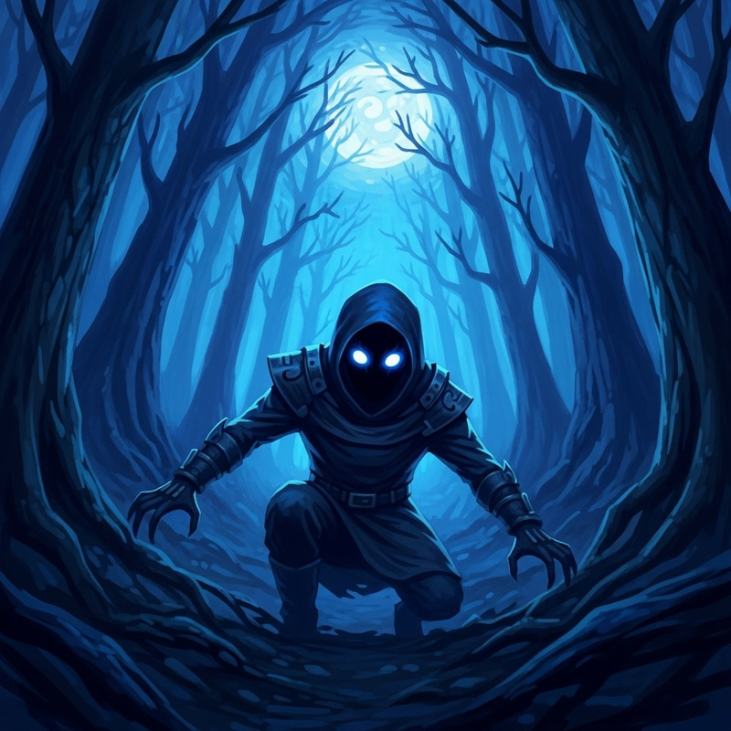 Mysterious Figure with Glowing Eyes in Moonlit Forest Mysterious Figure with Glowing Eyes in Moonlit Forest