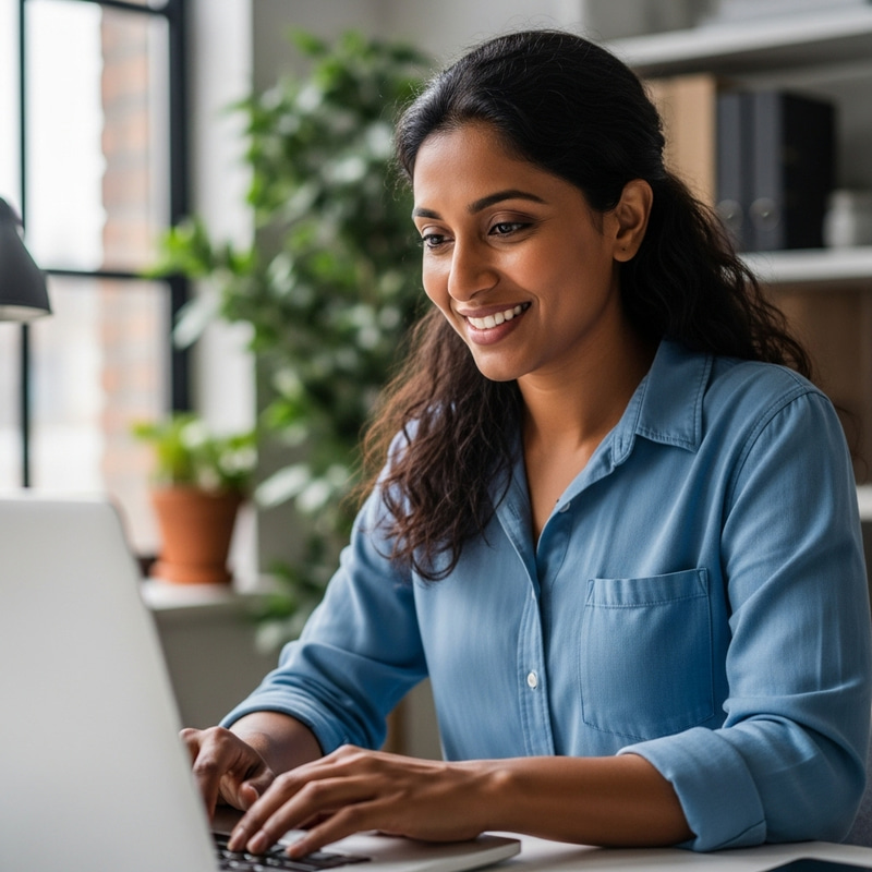Smiling South Asian Woman Working on Computer
