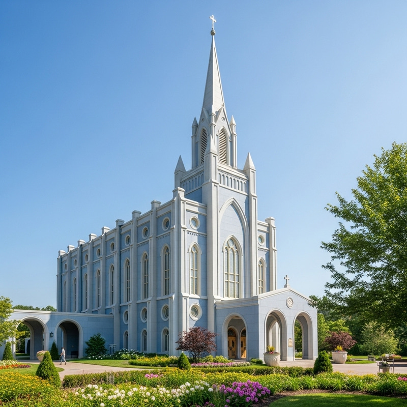 Serene Catholic Temple with Blue and White Walls Serene Catholic Temple with Blue and White Walls