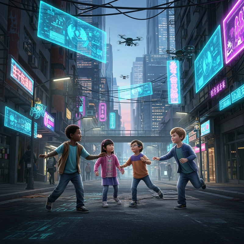 Children Playing in a Futuristic Cyberpunk City Children Playing in a Futuristic Cyberpunk City