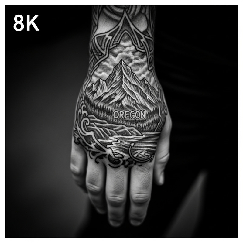 8k Black and White Hand Tattoo: Grand Mountain Landscape & Oregon Coast Elements 8k Black and White Hand Tattoo: Grand Mountain Landscape & Oregon Coast Elements