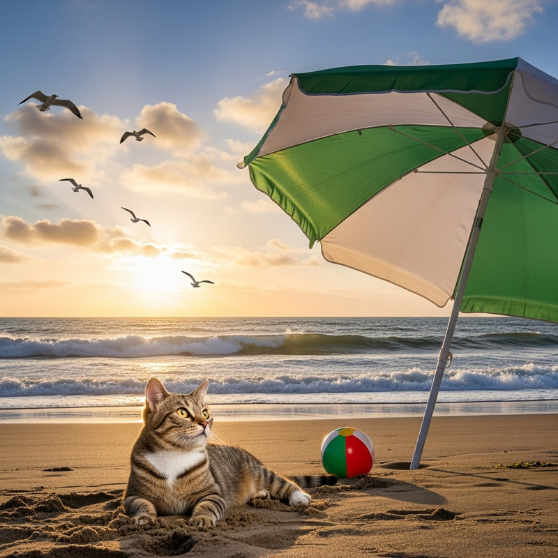Beach Cat Basking in the Sun | Tranquil Feline Scene