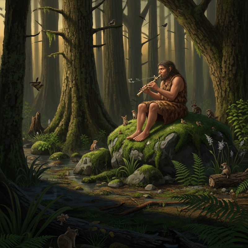 Caveman Playing Ancient Flute in Prehistoric Forest Caveman Playing Ancient Flute in Prehistoric Forest