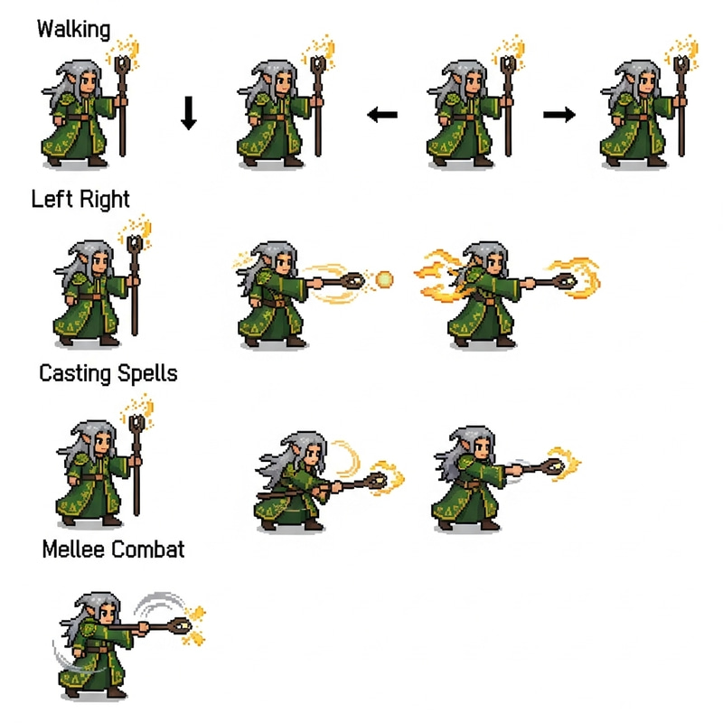 Elven Wizard Pixel Art Sprite Sheet for D&D Animation Elven Wizard Pixel Art Sprite Sheet for D&D Animation
