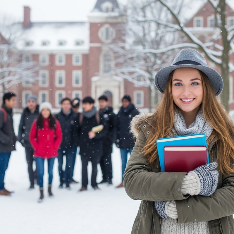 Smiling Woman with Books at University Campus in Winter