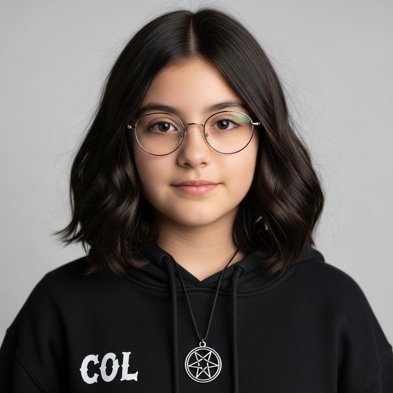 Dark-Haired Hispanic Girl in Circular Glasses with Pentagram Necklace Dark-Haired Hispanic Girl in Circular Glasses with Pentagram Necklace