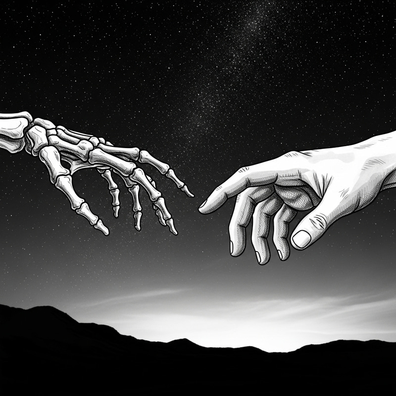 Contrasting Human Skeletal Hand and Fleshed Hand Reaching in Surrealistic Space Contrasting Human Skeletal Hand and Fleshed Hand Reaching in Surrealistic Space