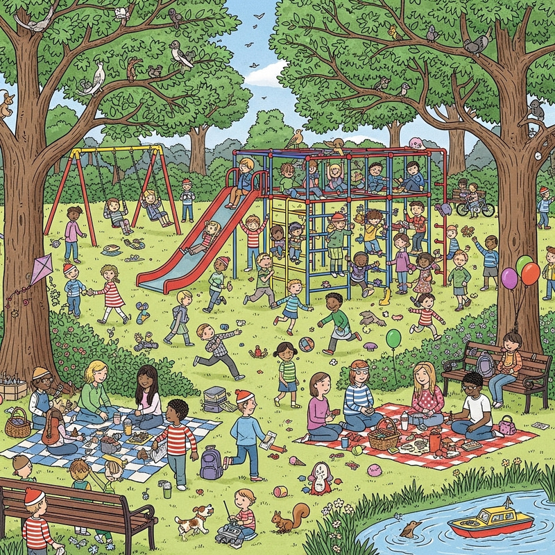 Vibrant Children's Park Scene - Where's Waldo Style Fun! Vibrant Children's Park Scene - Where's Waldo Style Fun!