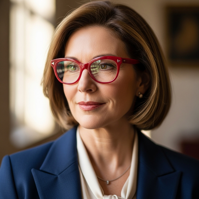 Stylish 50-Year-Old Woman in Red Glasses | Fashionable Look