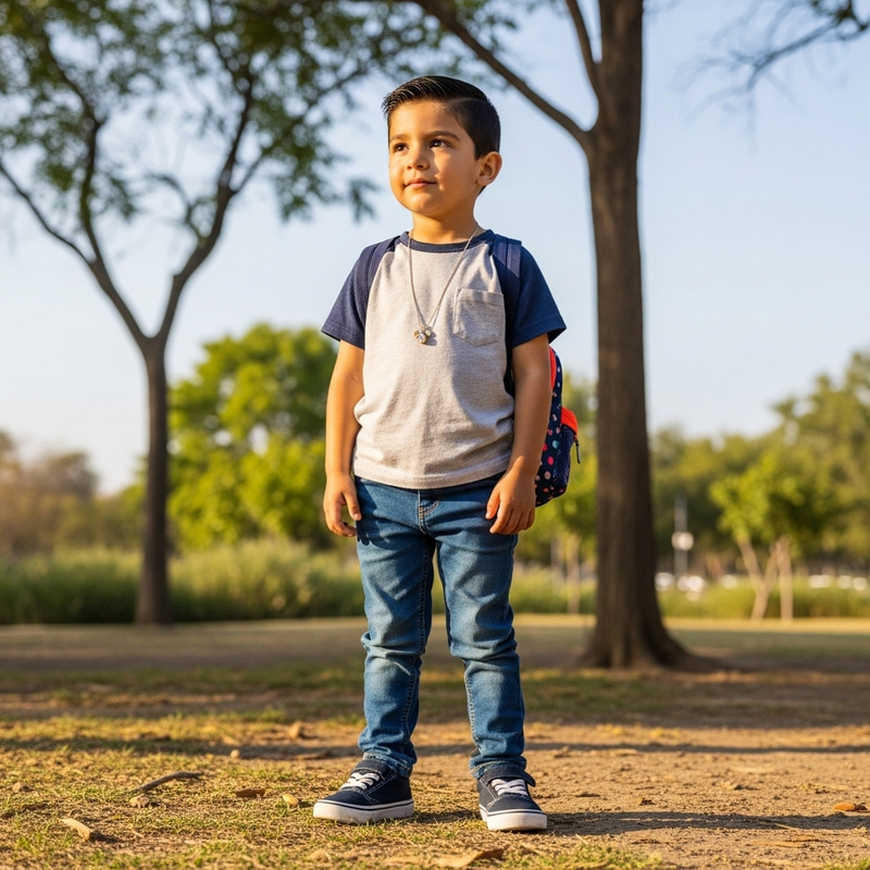 Young Boy Standing in a Summer Park