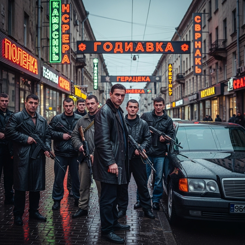 1990s Russia: Gloomy City, Armed Men, Intimidating Black Car 1990s Russia: Gloomy City, Armed Men, Intimidating Black Car