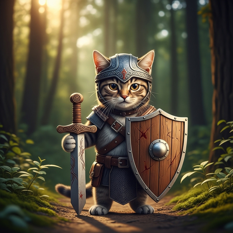 Adventure Cat with Wooden Sword and Shield in Green Forest