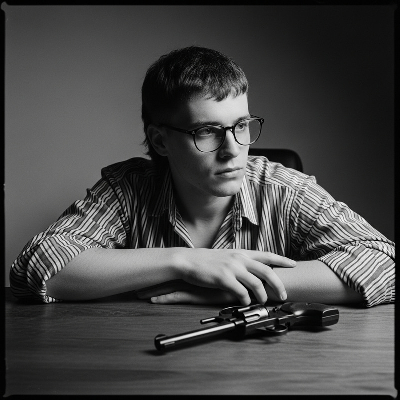 Vintage Style Portrait: Young Man in Striped Shirt with Mullet Hair and Revolver