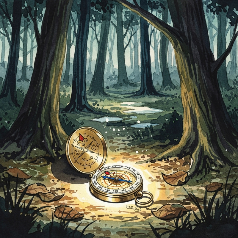 Illuminated Compass in Dark Forbidden Forest Watercolor
