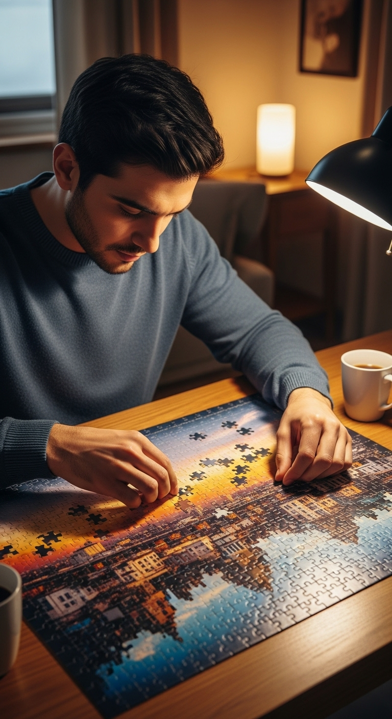 Man Concentrated on Solving Puzzles | Cozy Puzzle Atmosphere Man Concentrated on Solving Puzzles | Cozy Puzzle Atmosphere