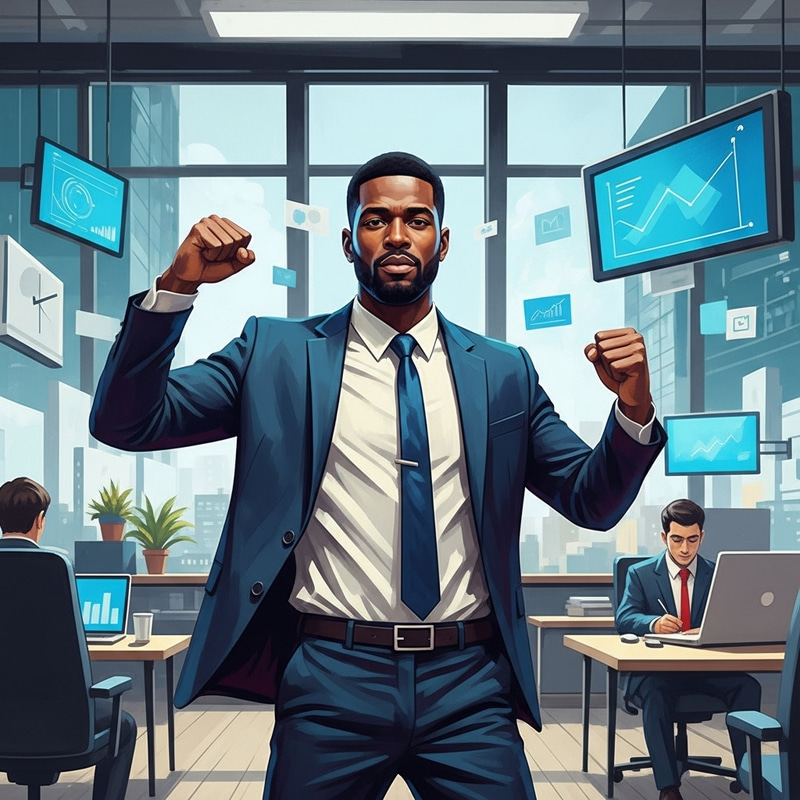 Dynamic Professional in Modern Office - Bold, Vibrant Colors Dynamic Professional in Modern Office - Bold, Vibrant Colors