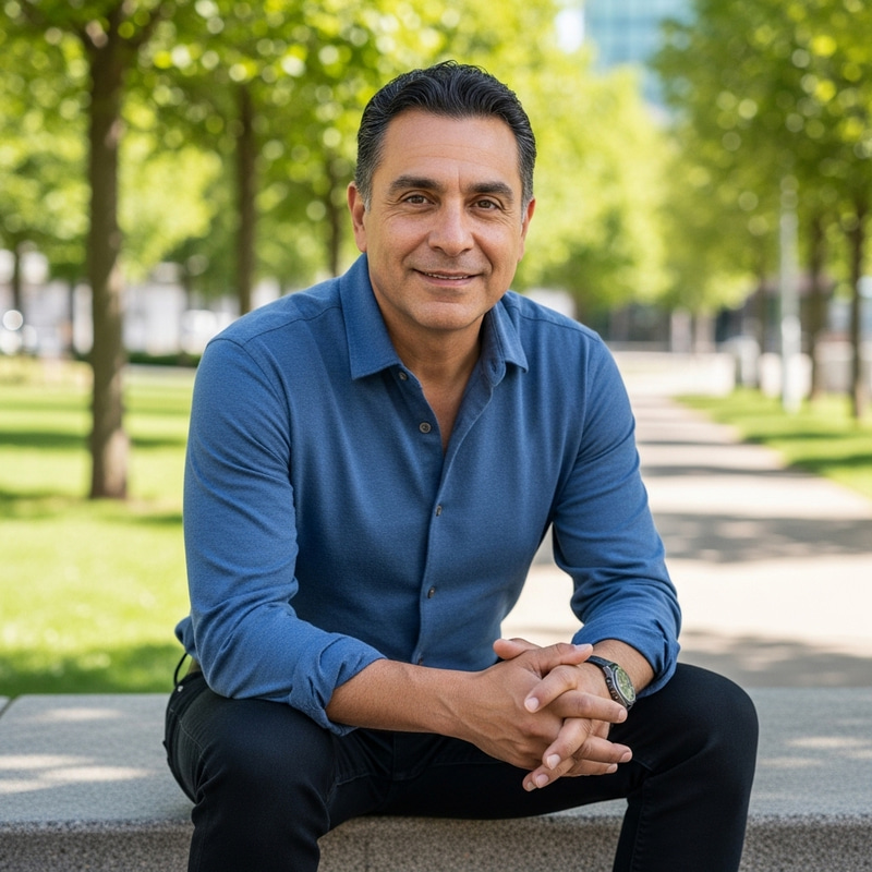 Jose Torres: Friendly Middle-Aged Hispanic Man in Modern City Park Jose Torres: Friendly Middle-Aged Hispanic Man in Modern City Park