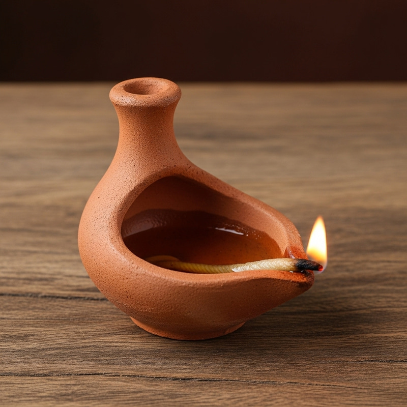 Handcrafted Earthen Lamp on Rustic Wooden Table