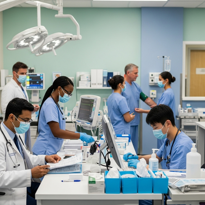Multiracial Medical Team in Action at Busy Hospital Multiracial Medical Team in Action at Busy Hospital
