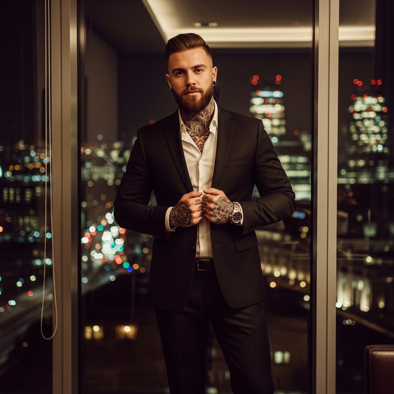 Captivating Urban Portrait in London: Charismatic Man with Intricate Story Tattoos Captivating Urban Portrait in London: Charismatic Man with Intricate Story Tattoos