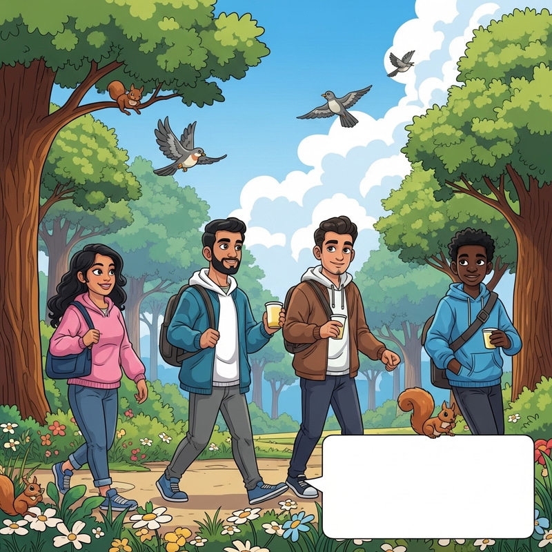 Diverse Young Group Enjoying a Walk in a Vibrant Park - Cartoon Image