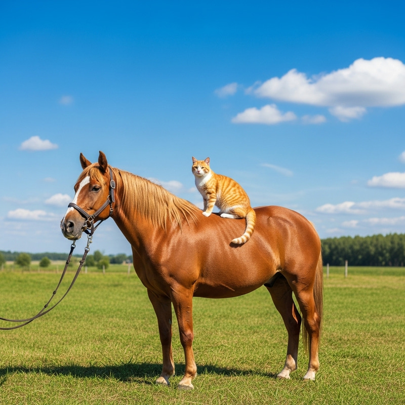 Cat on Horse in Serene Countryside