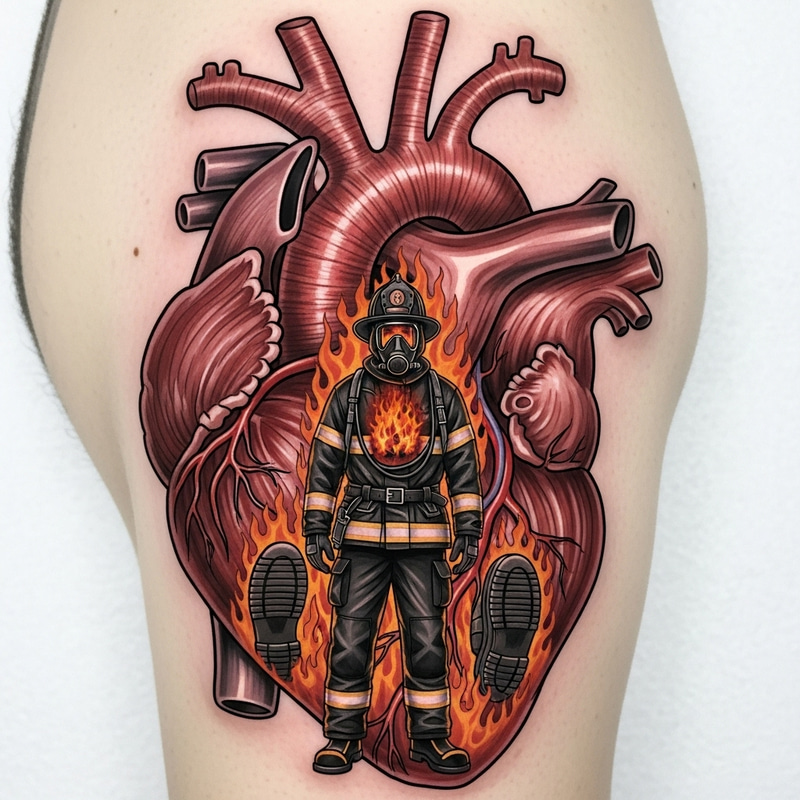 Intricate Heart Muscle Tattoo with Firefighter and Flames Design Intricate Heart Muscle Tattoo with Firefighter and Flames Design
