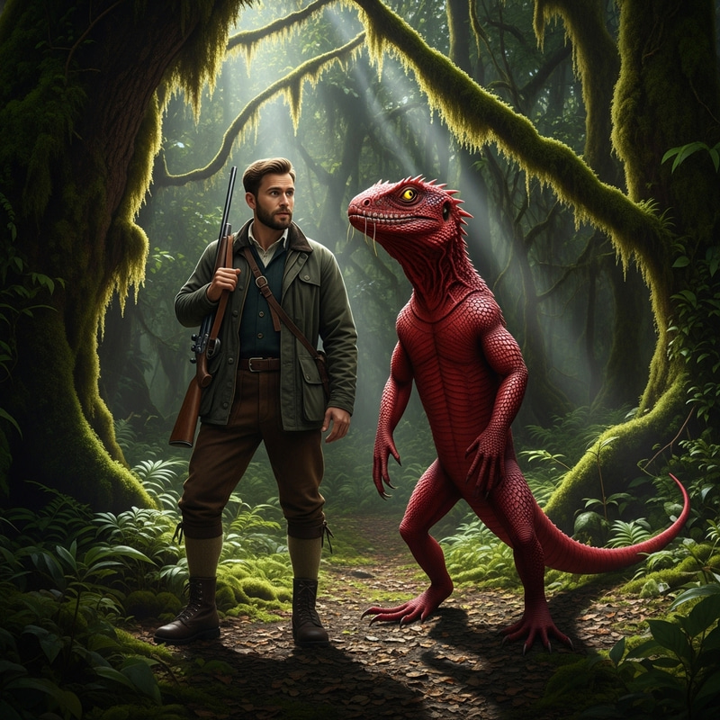 Hunter with Human-Sized Red Lizard in Thick Forest