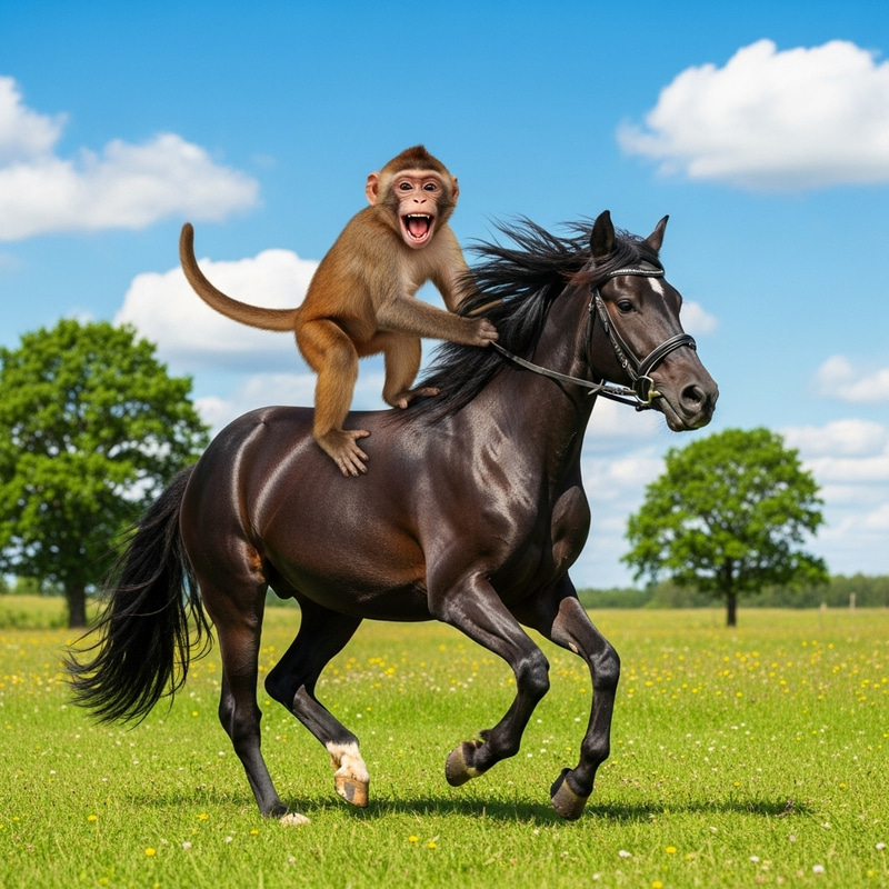 Playful Monkey Riding Sturdy Horse in Lush Green Meadow Playful Monkey Riding Sturdy Horse in Lush Green Meadow