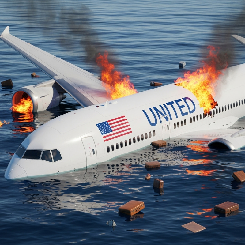 Hyperrealistic Art of White Plane Crash in USA Flag Ocean