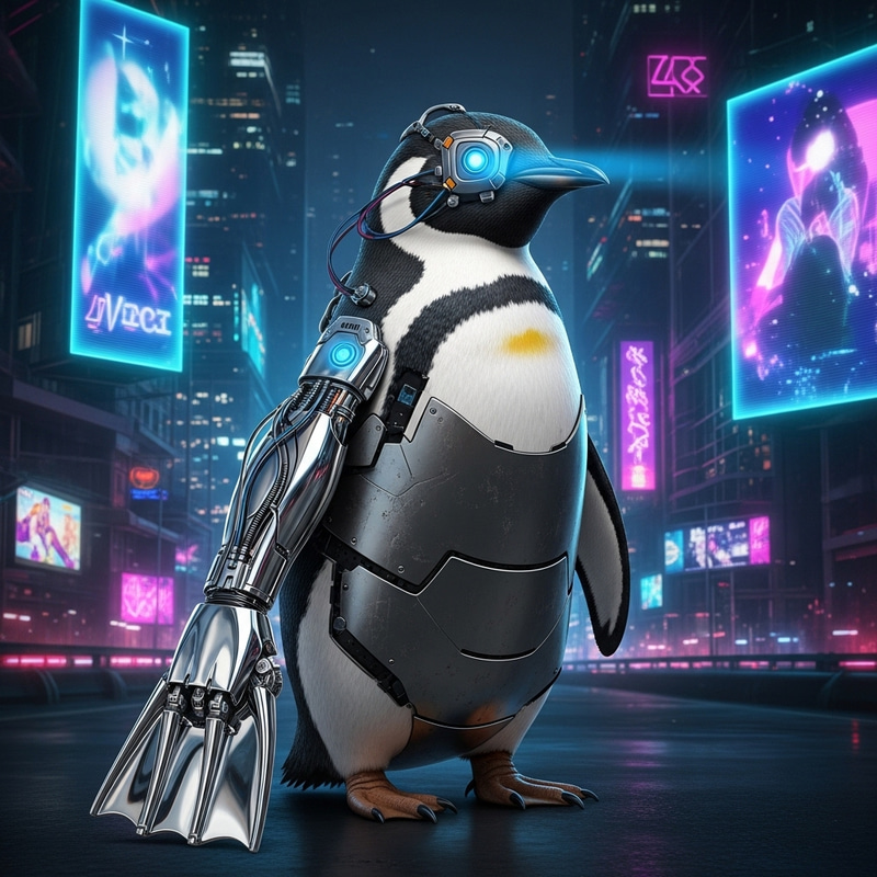 Cyberpunk Penguin in Urban Scene Cyberpunk Penguin in Urban Scene