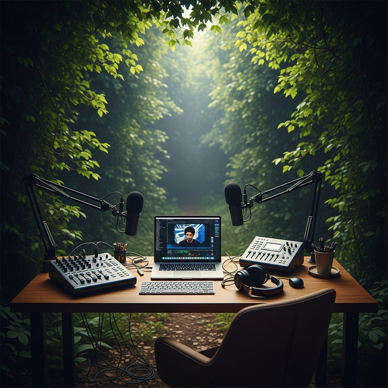 Podcast Desk in Nature: Cinematic Production with Modern Composition