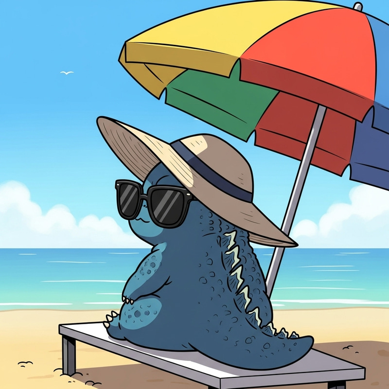 Comic Style Creature Lounging on Beach with Sunglasses and Sun Hat Comic Style Creature Lounging on Beach with Sunglasses and Sun Hat