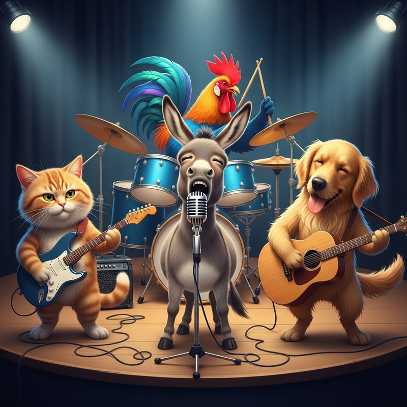 Quirky Animal Band: Donkey, Dog, Cat & Rooster Quirky Animal Band: Donkey, Dog, Cat & Rooster