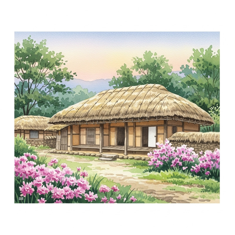Enchanting Traditional Thatched House in Korea - Watercolor Art Enchanting Traditional Thatched House in Korea - Watercolor Art
