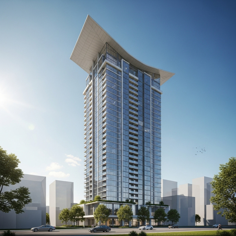 High-Rise Modern Condominium with Sweeping Roof Design