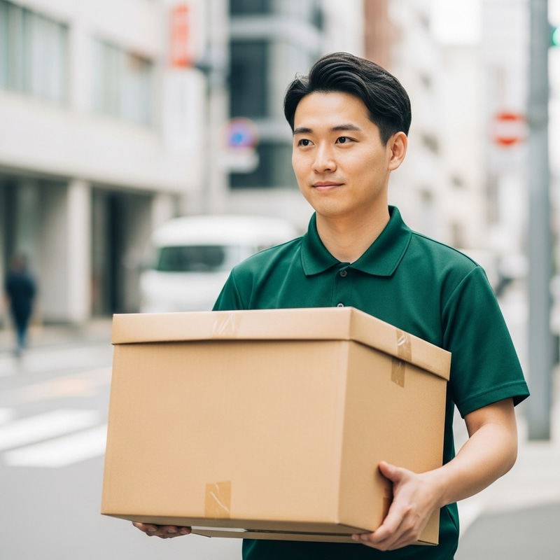 Asian Delivery Man in Dark Green Polo Shirt with Parcel Box