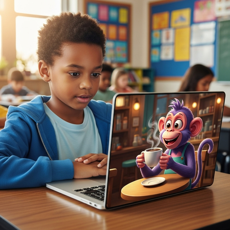 African American Child in Classroom with Purple Monkey Drinking Coffee African American Child in Classroom with Purple Monkey Drinking Coffee
