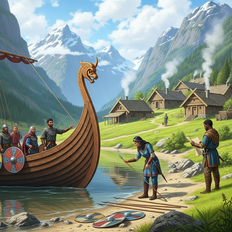 Vikings in Diverse Settlement Amid Idyllic Landscape Vikings in Diverse Settlement Amid Idyllic Landscape
