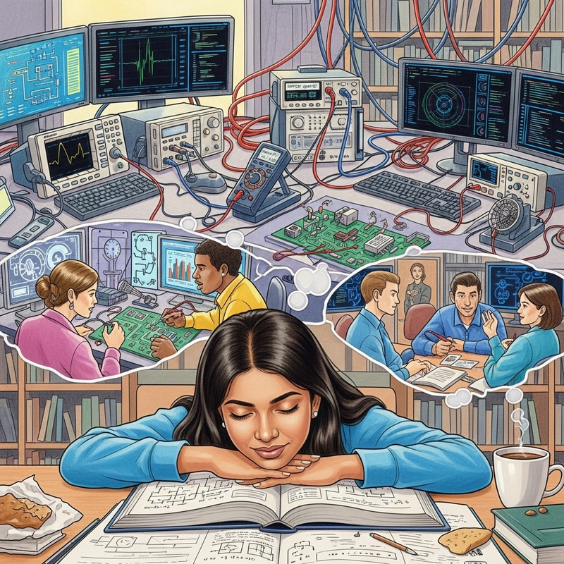 Colorful Drawing of South Asian Female Electrical Engineering Student Dreaming in Technologically Advanced Workspace Colorful Drawing of South Asian Female Electrical Engineering Student Dreaming in Technologically Advanced Workspace
